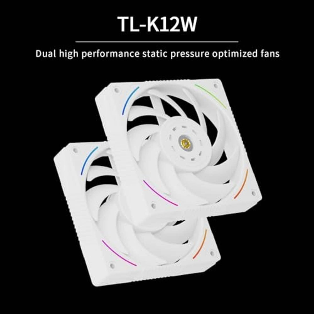 White dual-fan CPU cooler front view with RGB light lines on fan frames