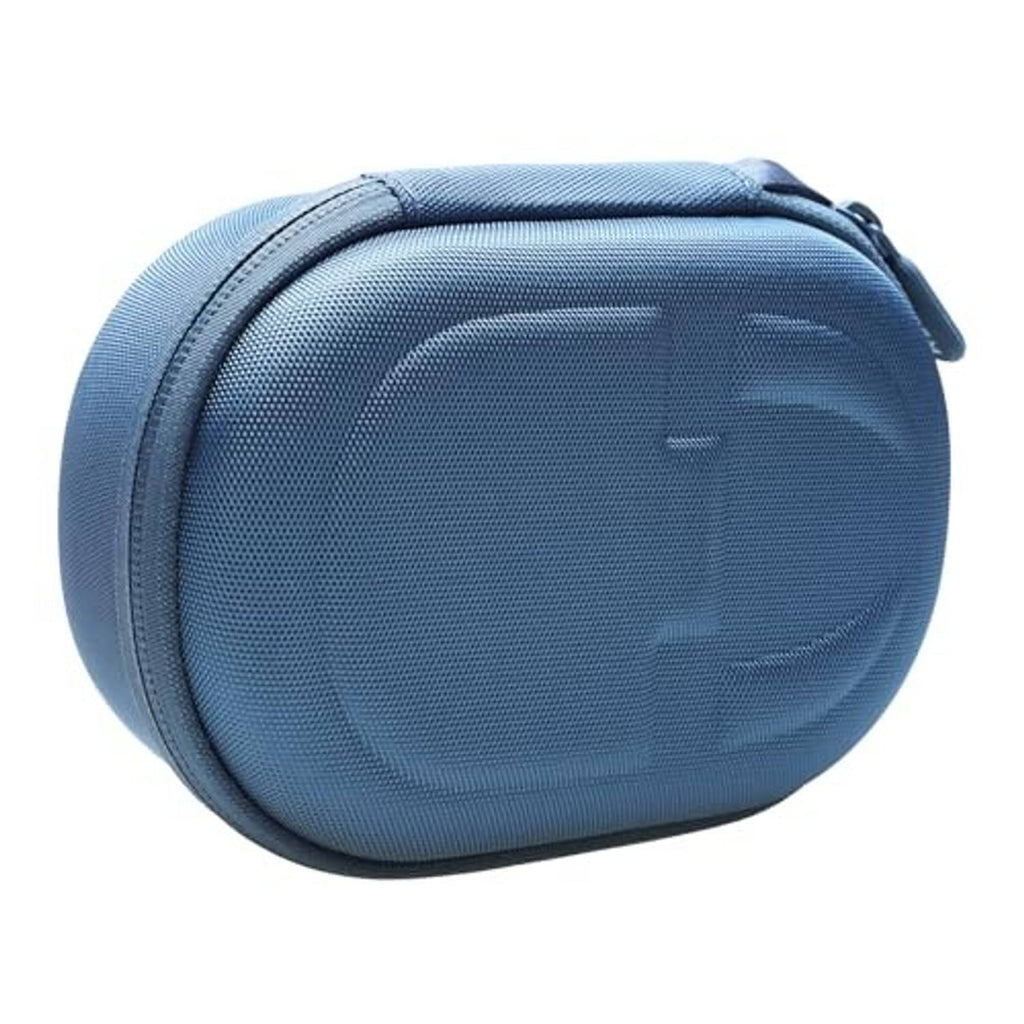 Blue hard-shell speaker case with textured fabric exterior and zipper closure