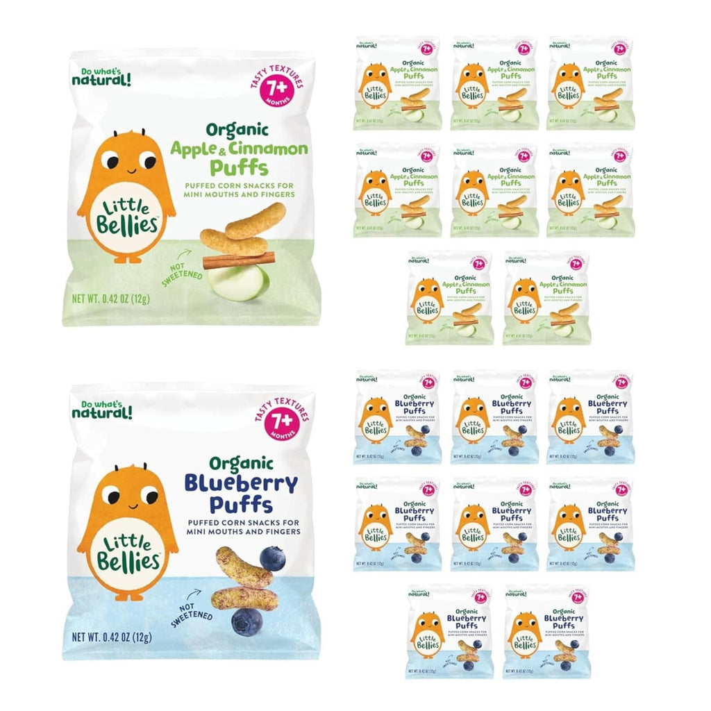 Little Bellies organic puffs variety pack with apple cinnamon and blueberry snack bags