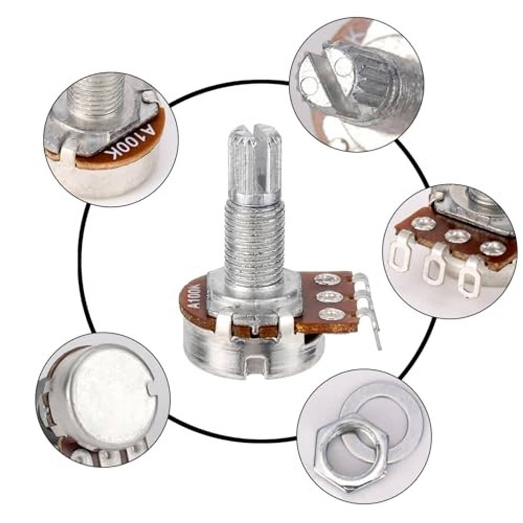 Electric guitar potentiometer with close-up view of terminals and threaded shaft