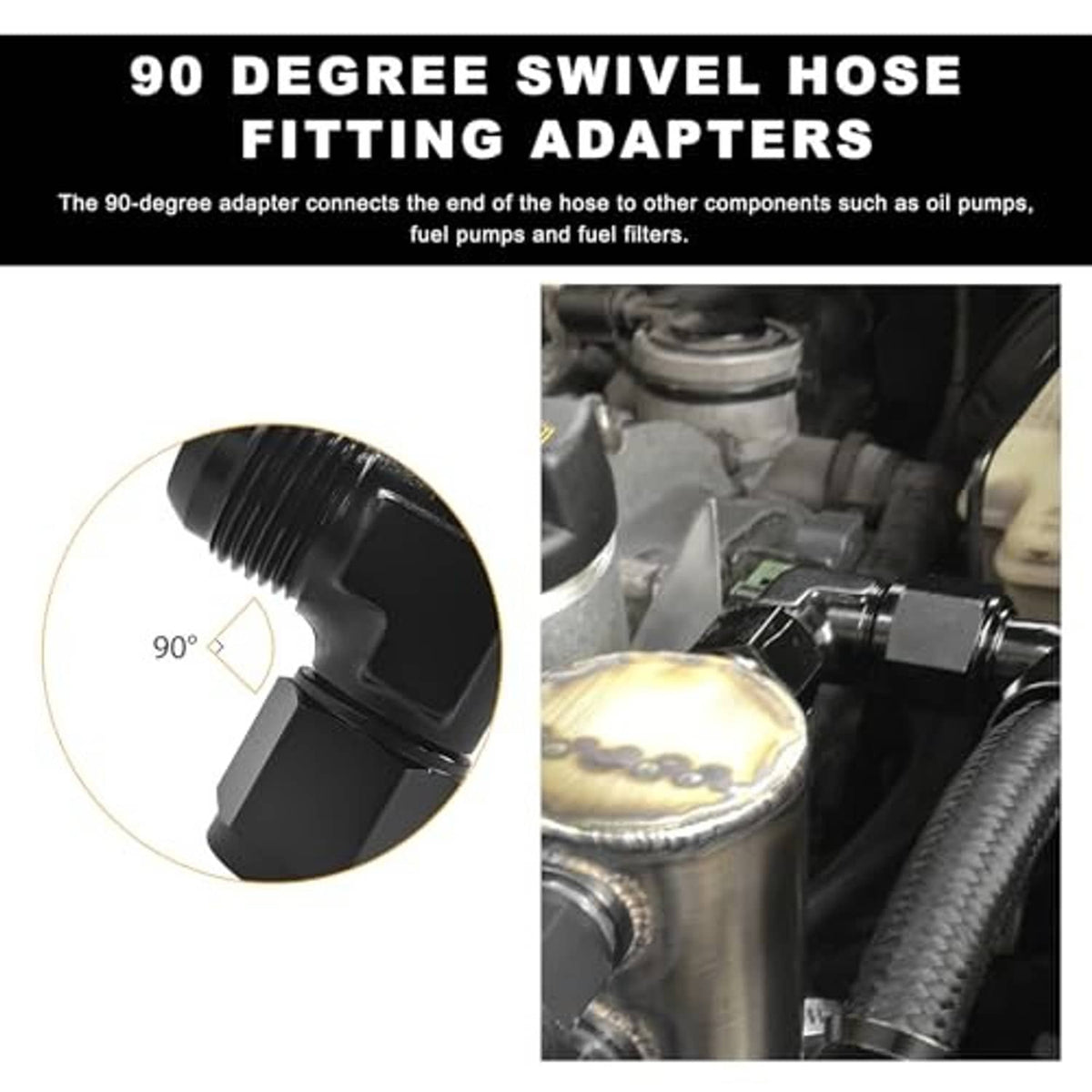 Black 90-degree swivel hose fitting adapter with male threaded ends for AN8 connection