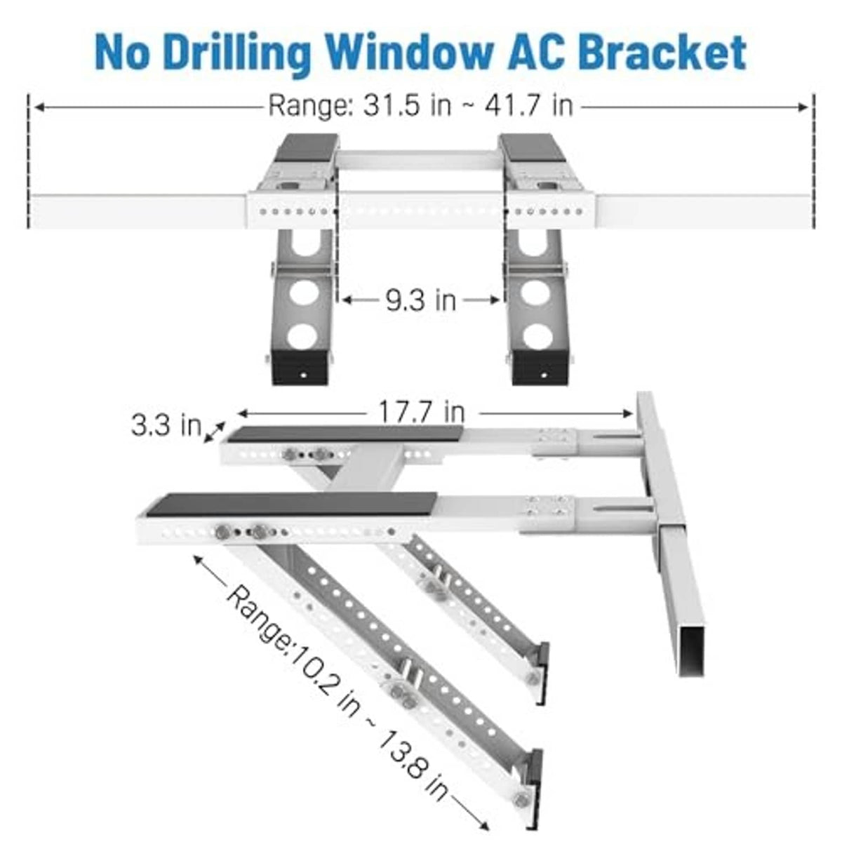 No-drilling window AC bracket diagram with mounting arms and perforated support plates