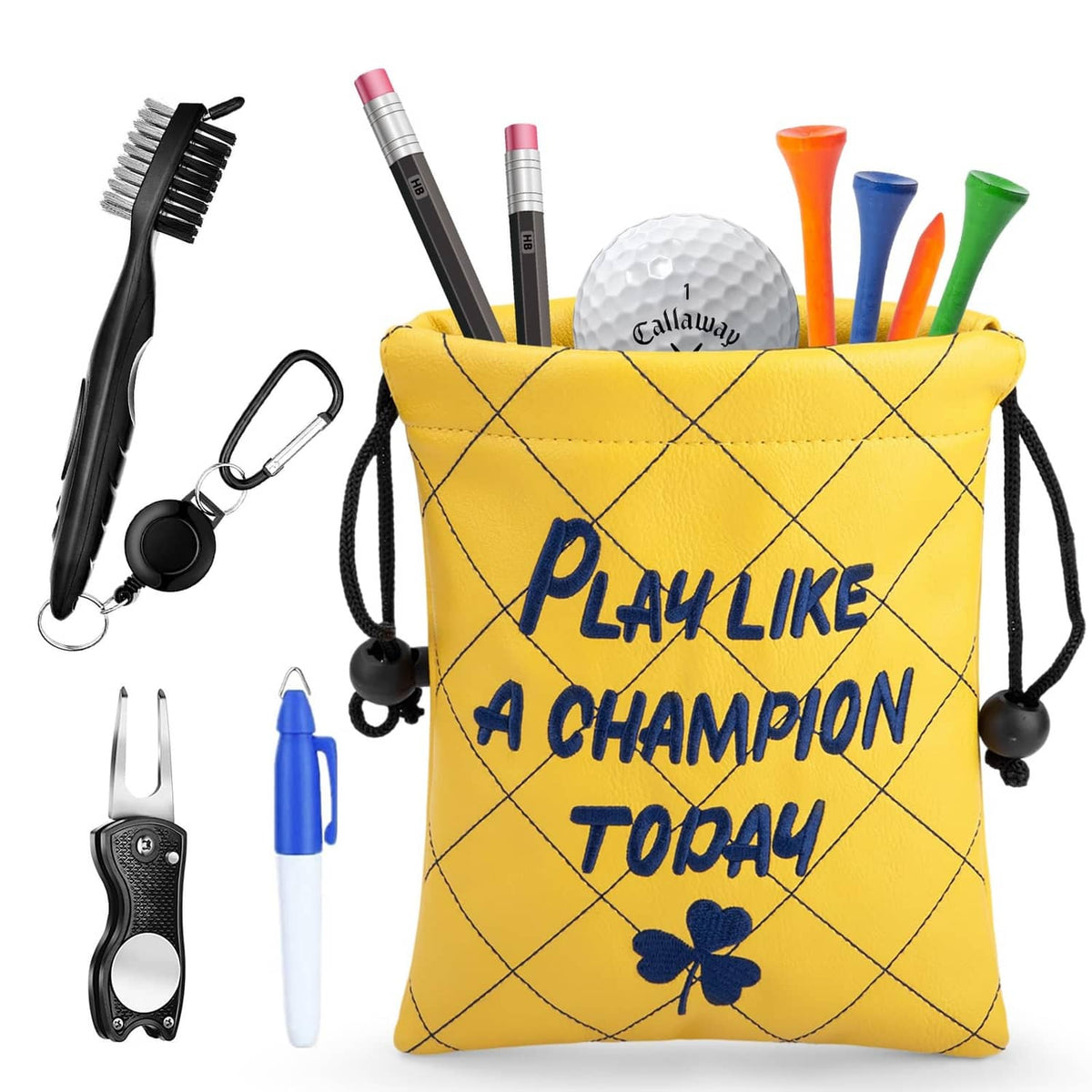 Yellow quilted drawstring golf valuables pouch with blue "Play Like a Champion Today" text.