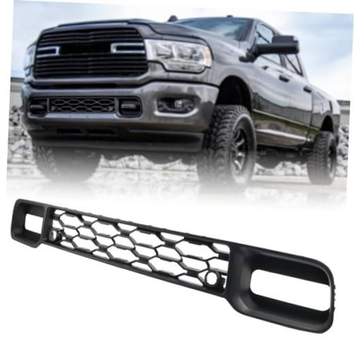 Black front lower bumper grille with honeycomb mesh and rectangular openings