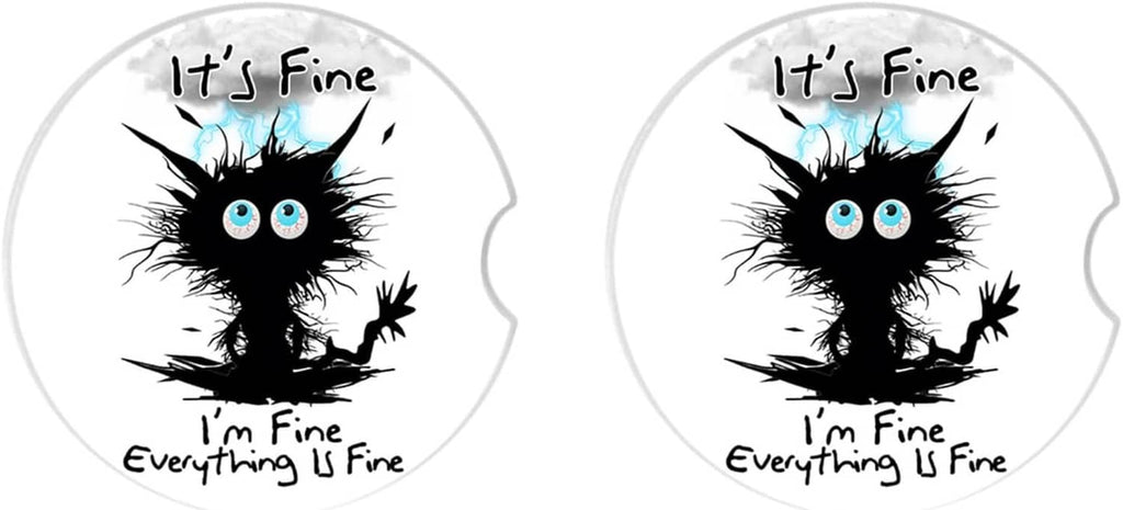 Two round ceramic car coasters featuring black cat graphic on white tops