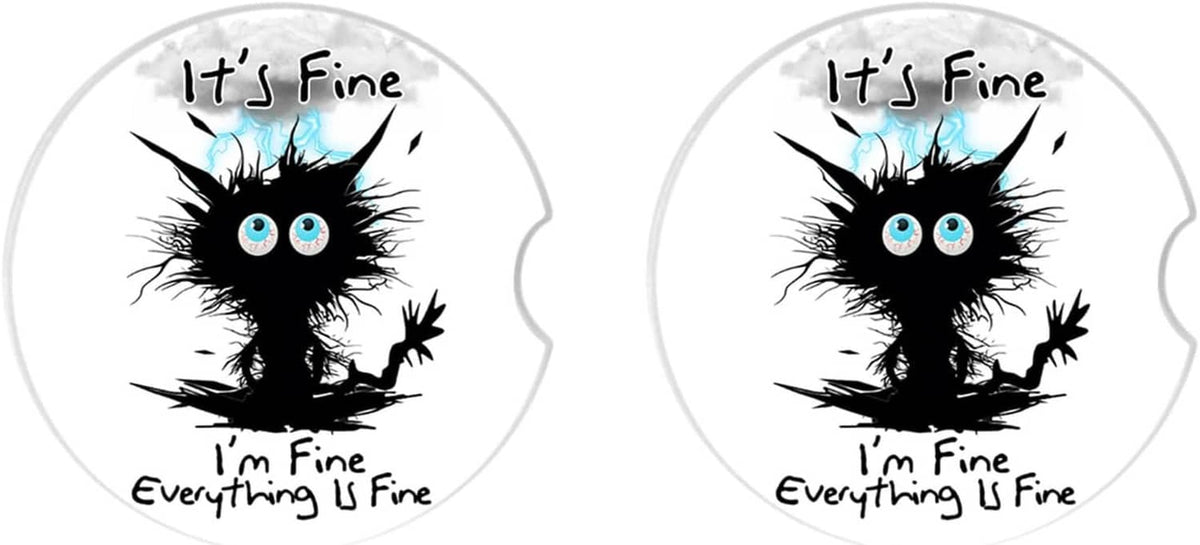 Two round ceramic car coasters featuring black cat graphic on white tops