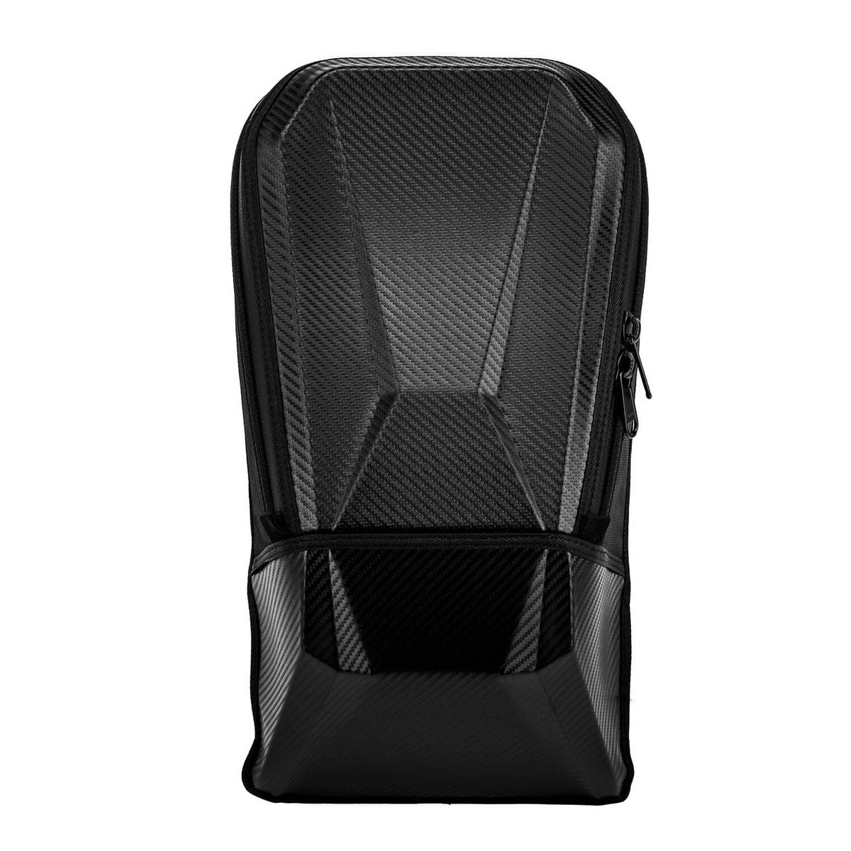 Black molded storage bag with carbon-fiber texture front panel and zipper pocket.
