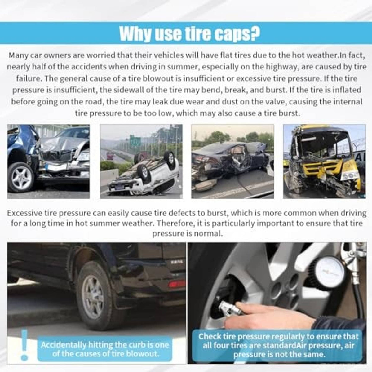 Four black tire valve caps with product info panel about tire cap benefits.