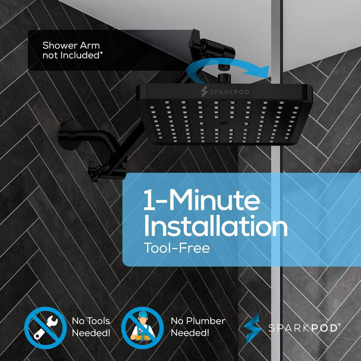 Matte black 8-inch square rain shower head mounted on shower wall