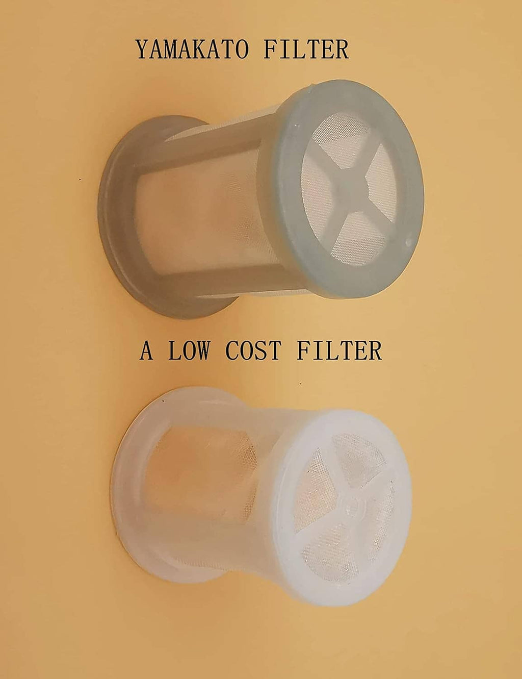Two fuel filter screens, dark gray and light gray, with mesh insert and plastic outlet