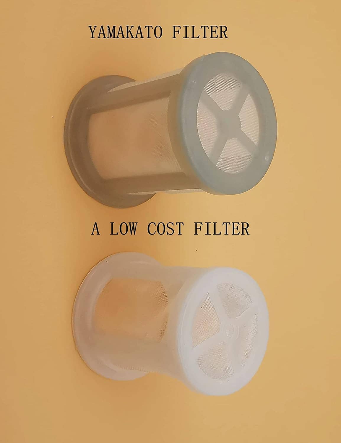 Two fuel filter screens, dark gray and light gray, with mesh insert and plastic outlet