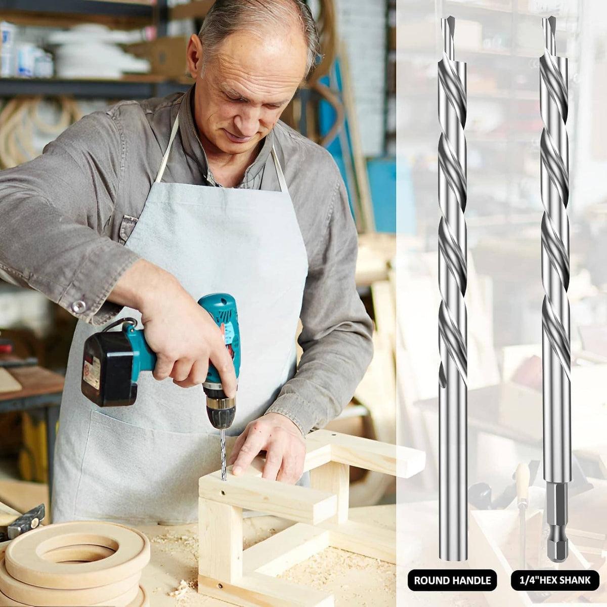 Pocket hole drill bits with round-handle and 1/4-inch hex shank options