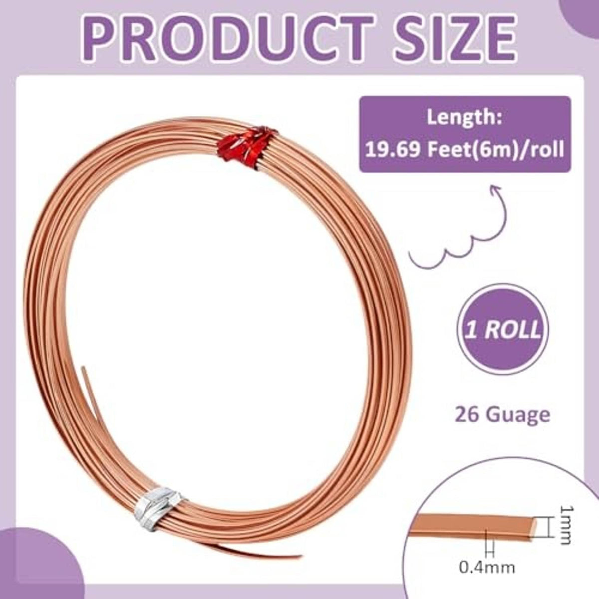 Copper flat bezel wire roll, 26 gauge, 1mm wide, length and thickness graphic