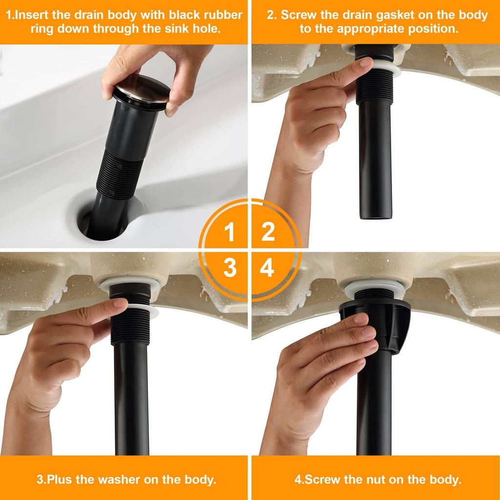 No-overflow vessel sink drain installation steps showing black drain body and pop-up top