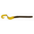Soft plastic fishing worm with curly tail, yellow head and dark brown body