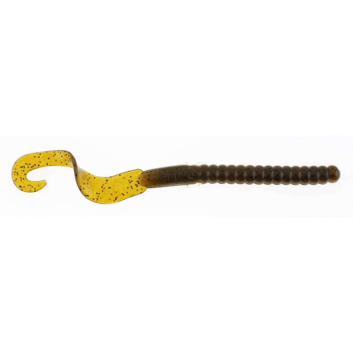 Soft plastic fishing worm with curly tail, yellow head and dark brown body