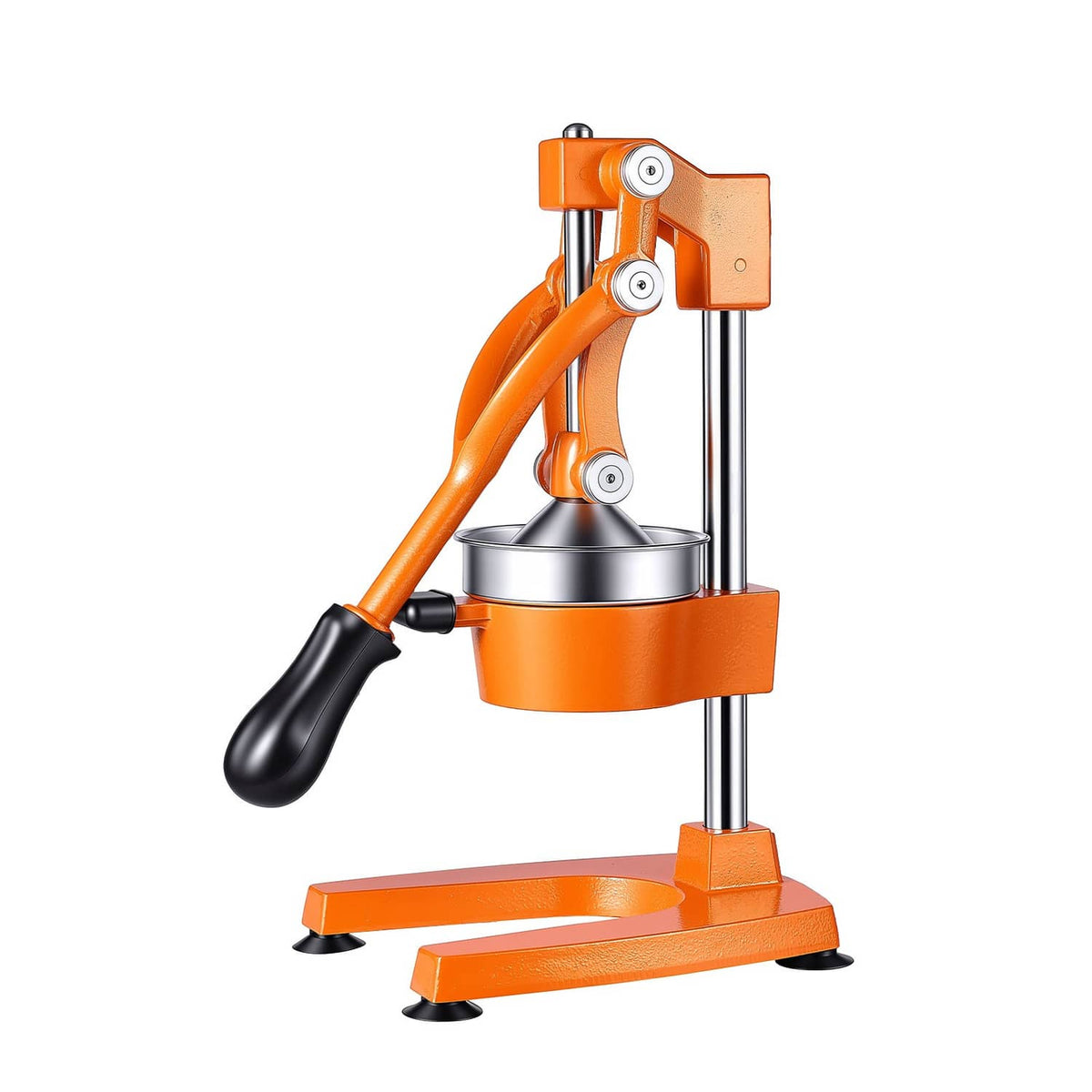 Manual citrus press juicer with orange handle, black lever grip, stainless cone bowl