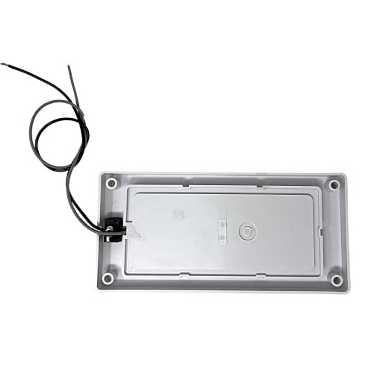 Rectangular LED light housing with wiring leads, mounting holes, and open back plate