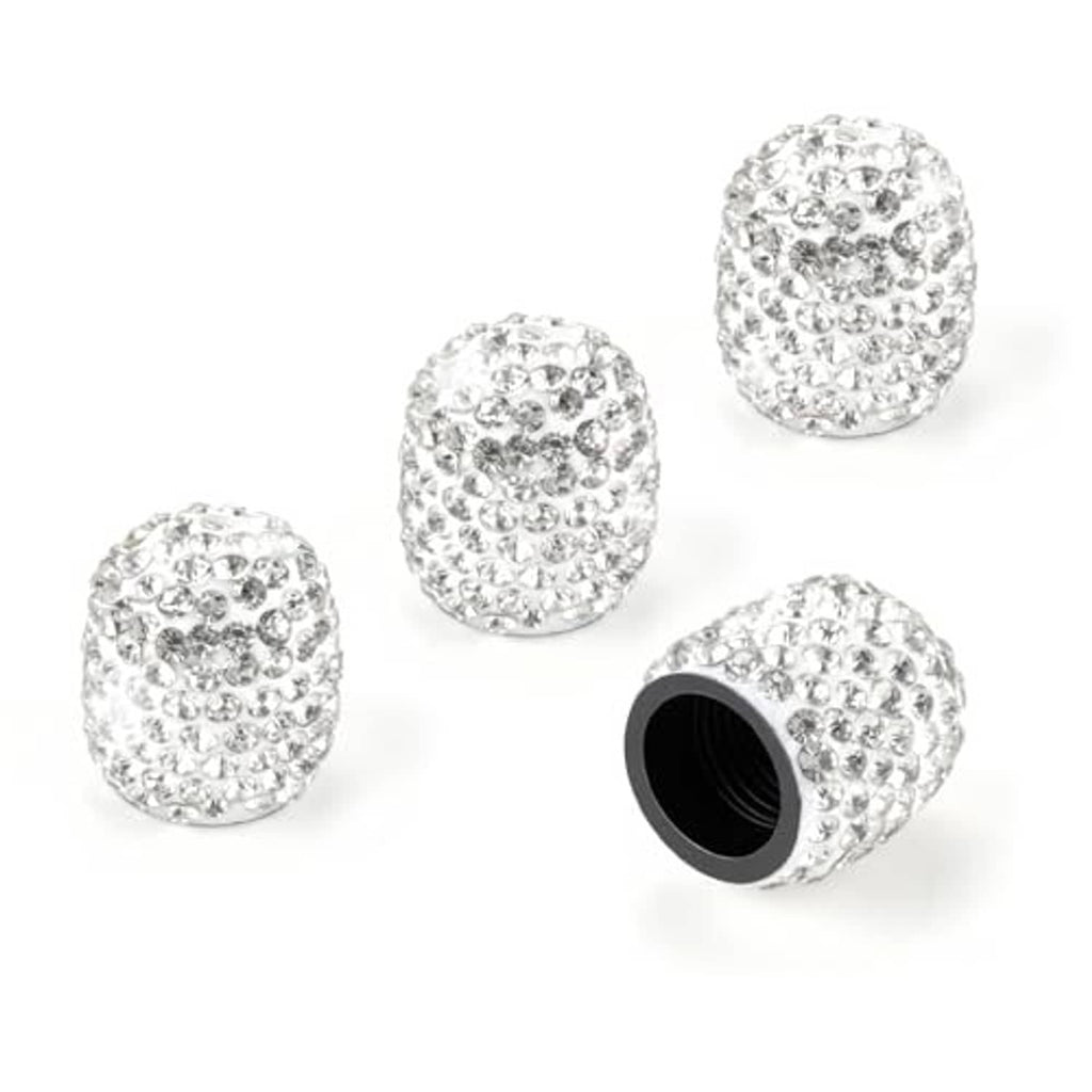 Four rhinestone valve stem caps with white crystal pattern and black rubber opening