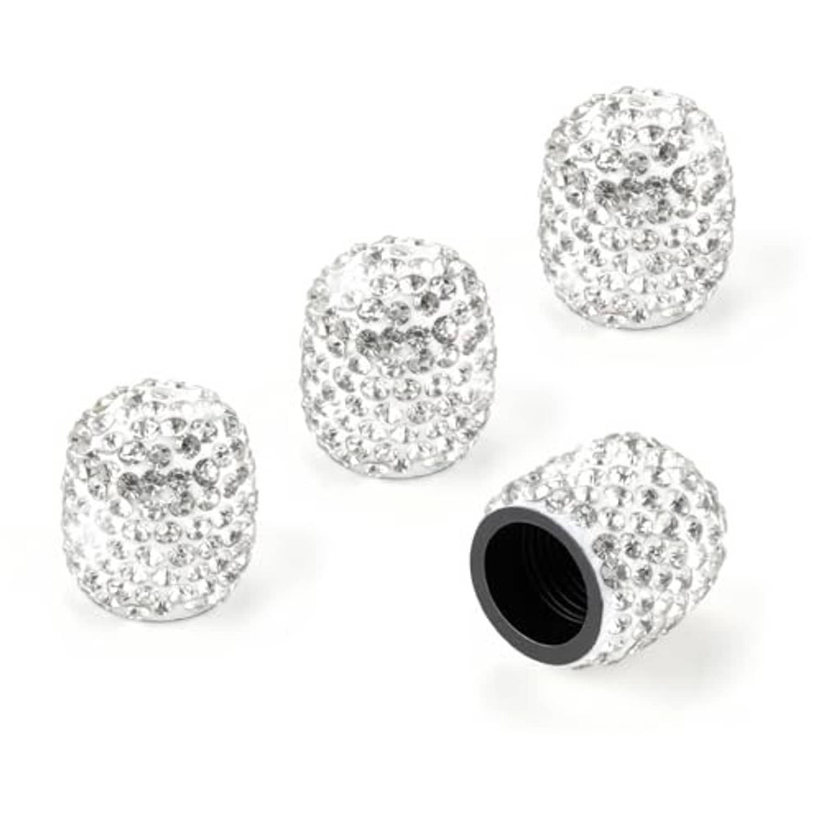 Four rhinestone valve stem caps with white crystal pattern and black rubber opening