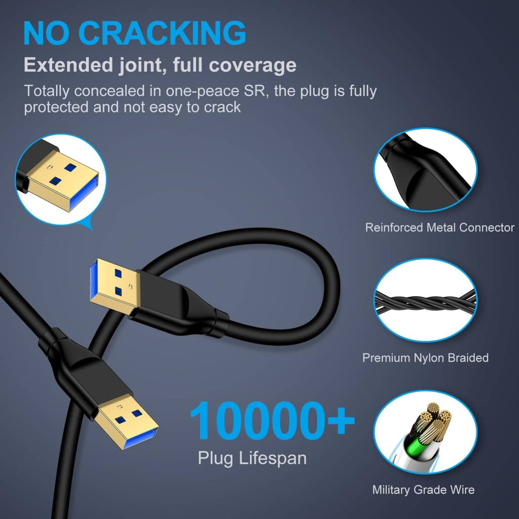 Reinforced black braided USB-A male to male cable with gold-plated plugs