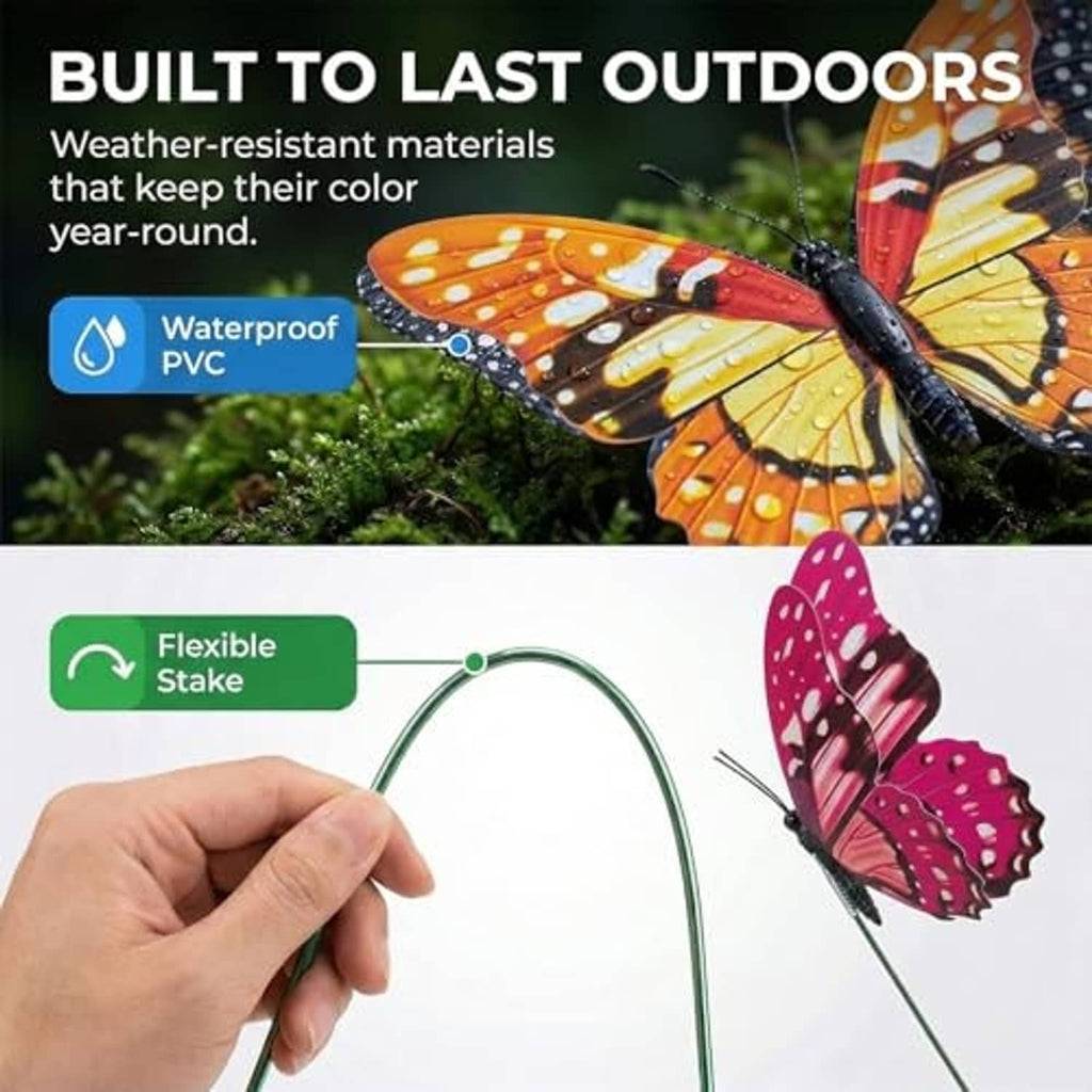 Flexible green stake with multicolor plastic butterfly, held in hand