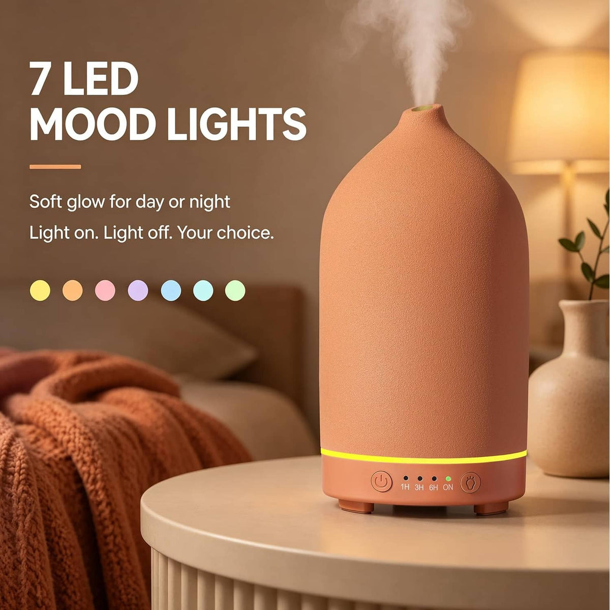 Gooamp ceramic essential oil diffuser, matte stone brown, illuminated LED light strip on base