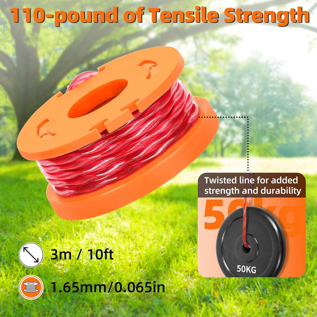 Orange spool of twisted red trimmer line with length and tensile strength callouts