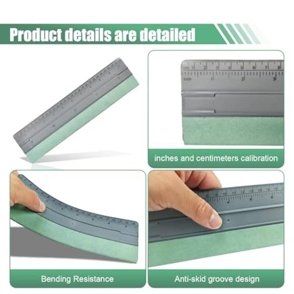 Vinyl wrap squeegee ruler tool with mint suede pad, grip grooves, and scale