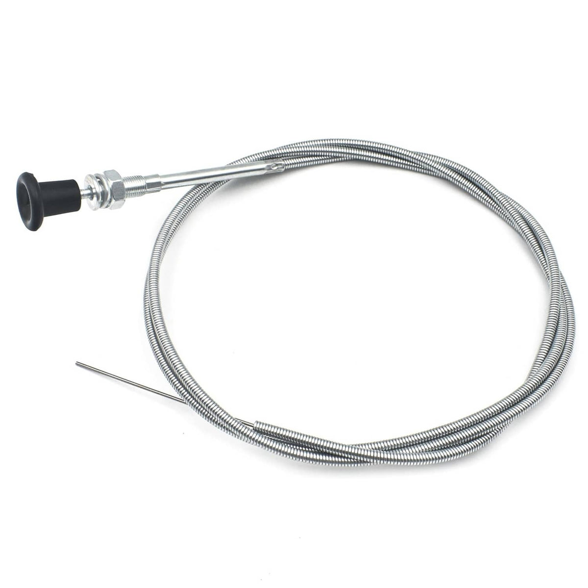 Rotary choke control cable with silver braided conduit and black rubber knob