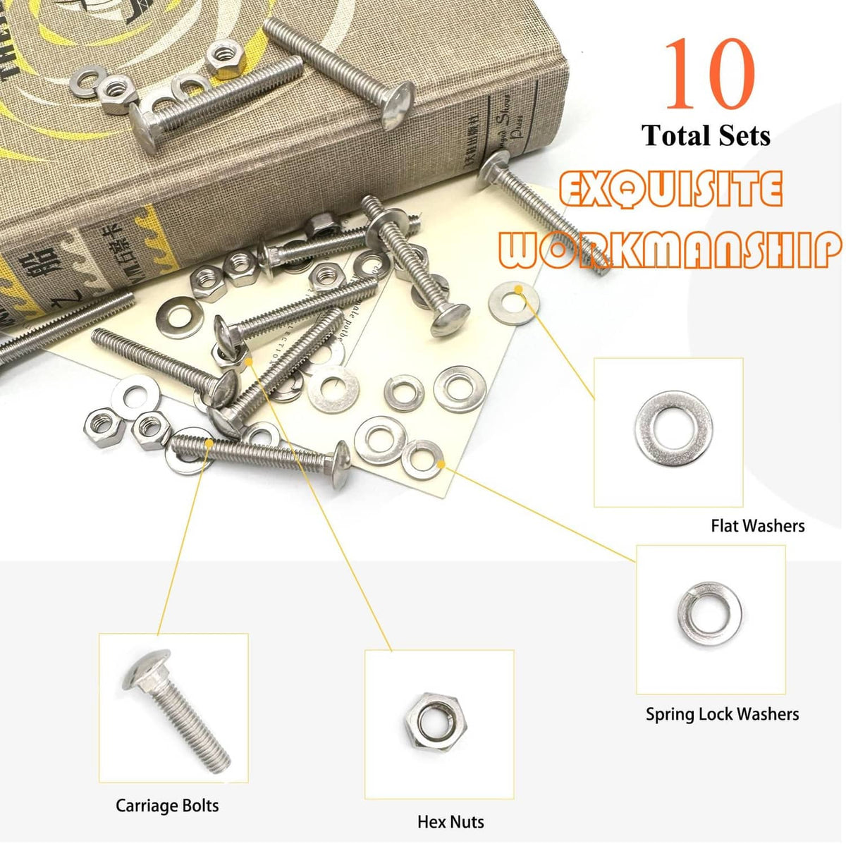 Carriage bolts with hex nuts and flat washers, hardware assortment on board