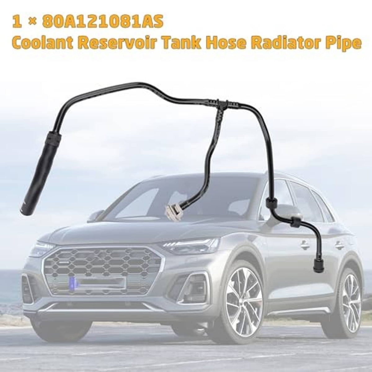 Coolant reservoir tank hose radiator pipe assembly with curved black tubing and clamps