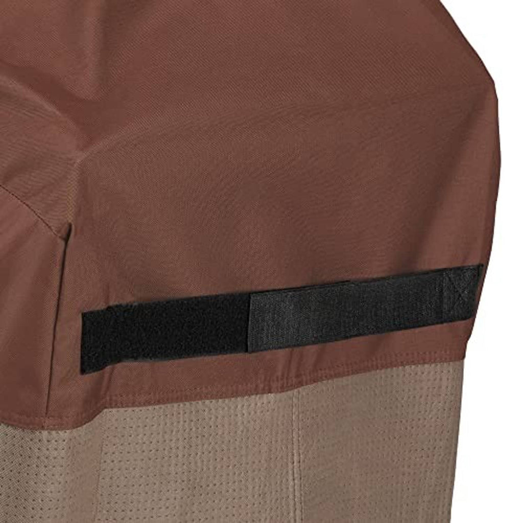 Corner detail of square brown AC cover with dark strap panel and stitched edge