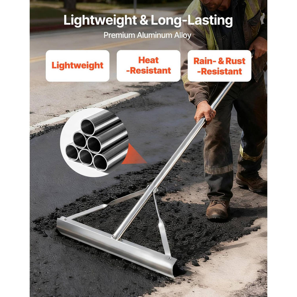 Lightweight aluminum leveling rake with long handle and wide blade head
