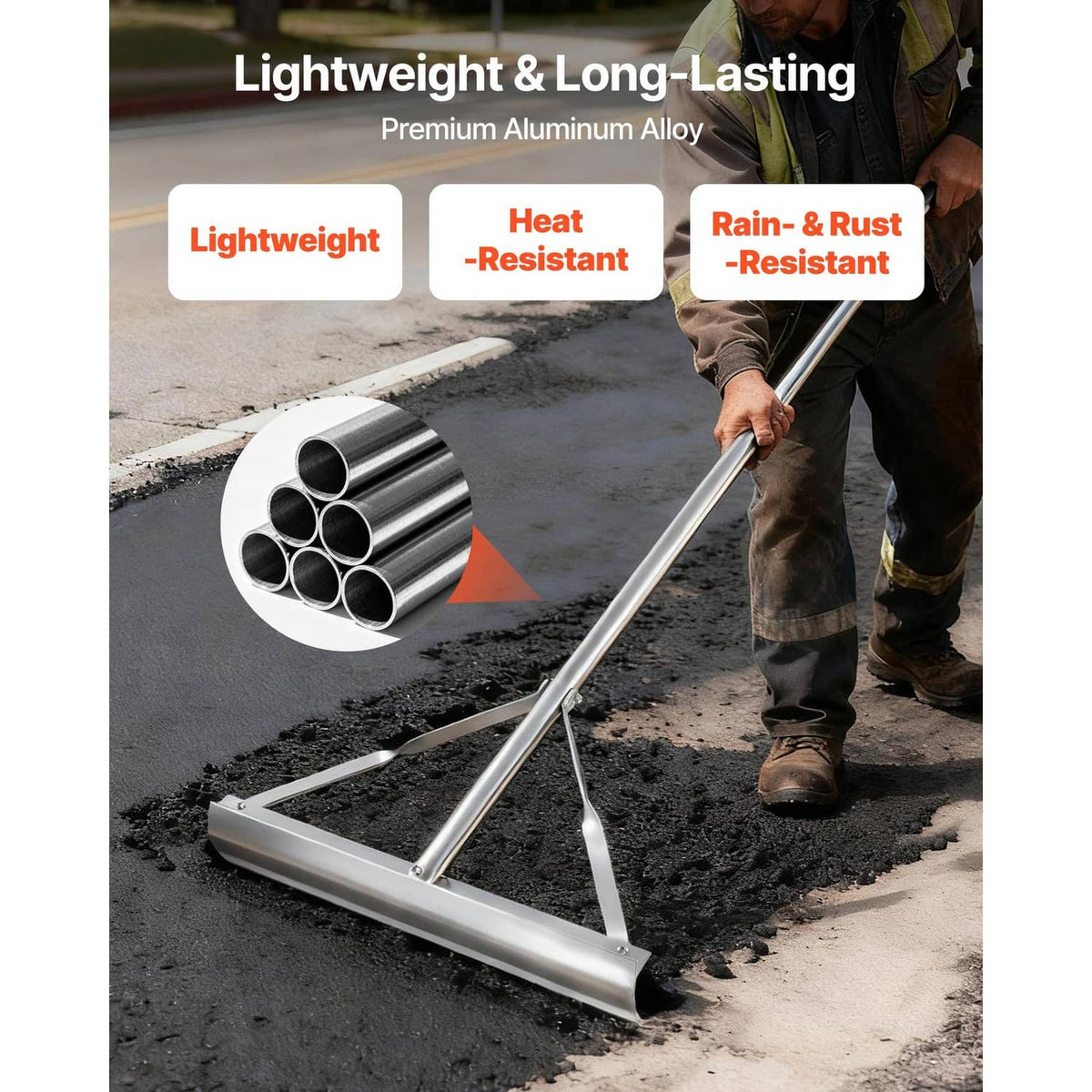 Lightweight aluminum leveling rake with long handle and wide blade head