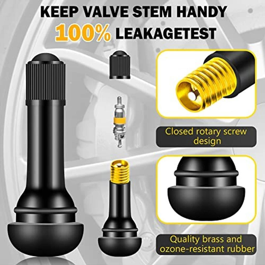 Black snap-in tire valve stem with brass insert and rotary screw