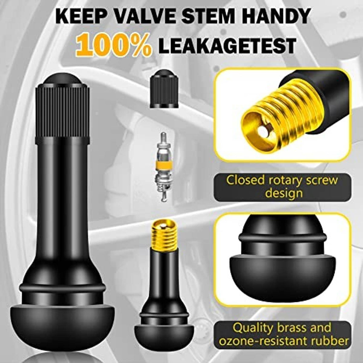 Black snap-in tire valve stem with brass insert and rotary screw