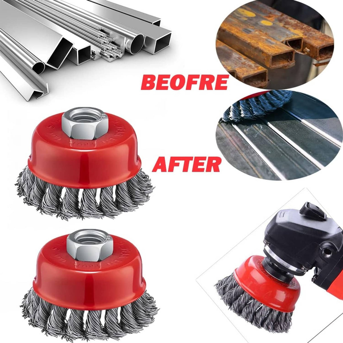 Red twisted-wire cup brush head with threaded nut for metal cleaning