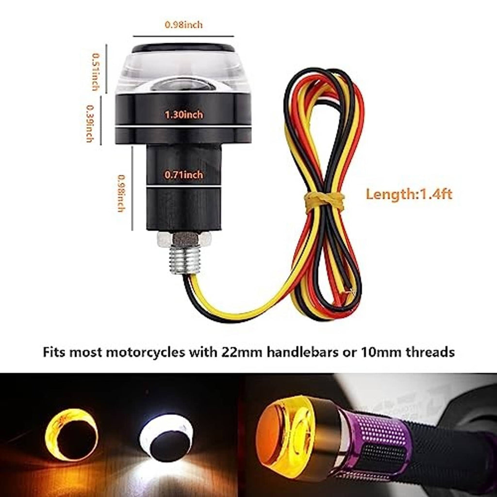 Motorcycle handlebar end LED light set with round housings, wiring harness, and threaded mount
