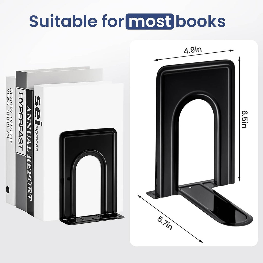 Black metal bookend with arched center slot and wide flat base for most book sizes