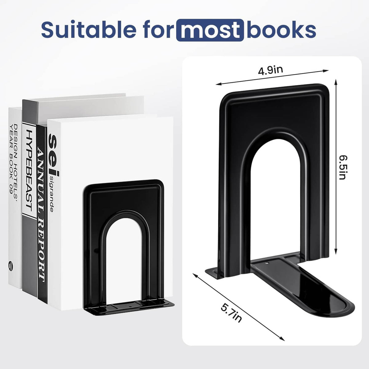 Black metal bookend with arched center slot and wide flat base for most book sizes