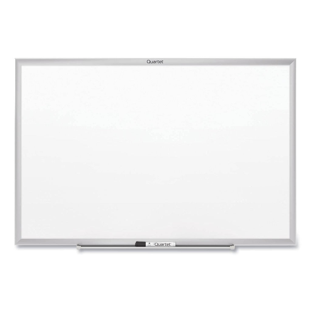 Magnetic dry erase white board with silver frame and marker tray