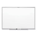 Magnetic dry erase white board with silver frame and marker tray