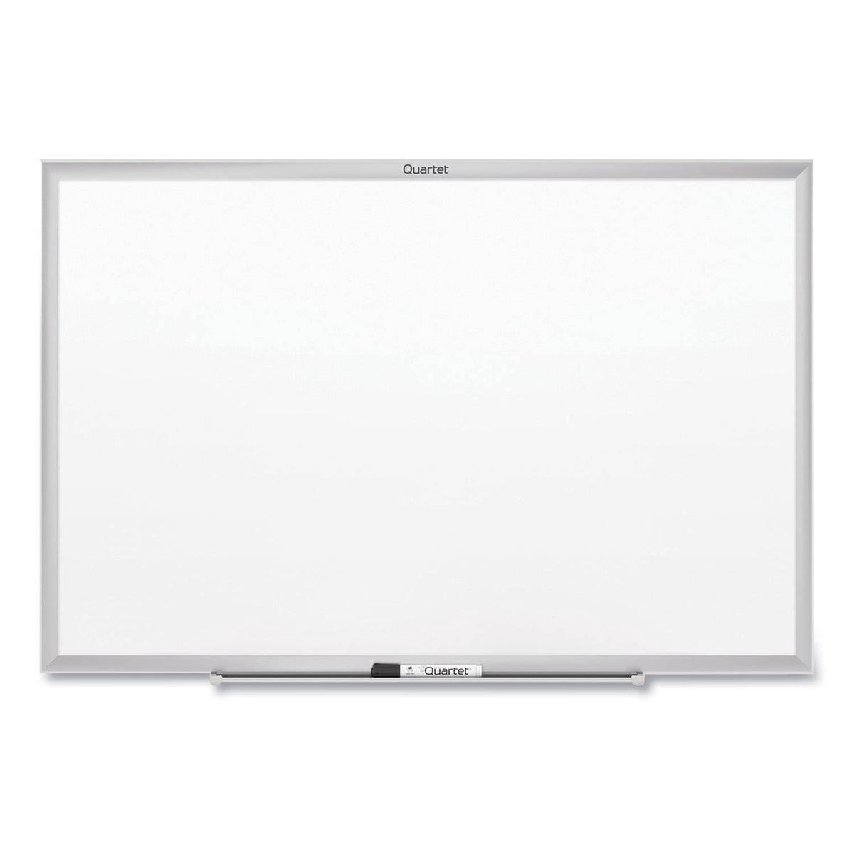 Magnetic dry erase white board with silver frame and marker tray