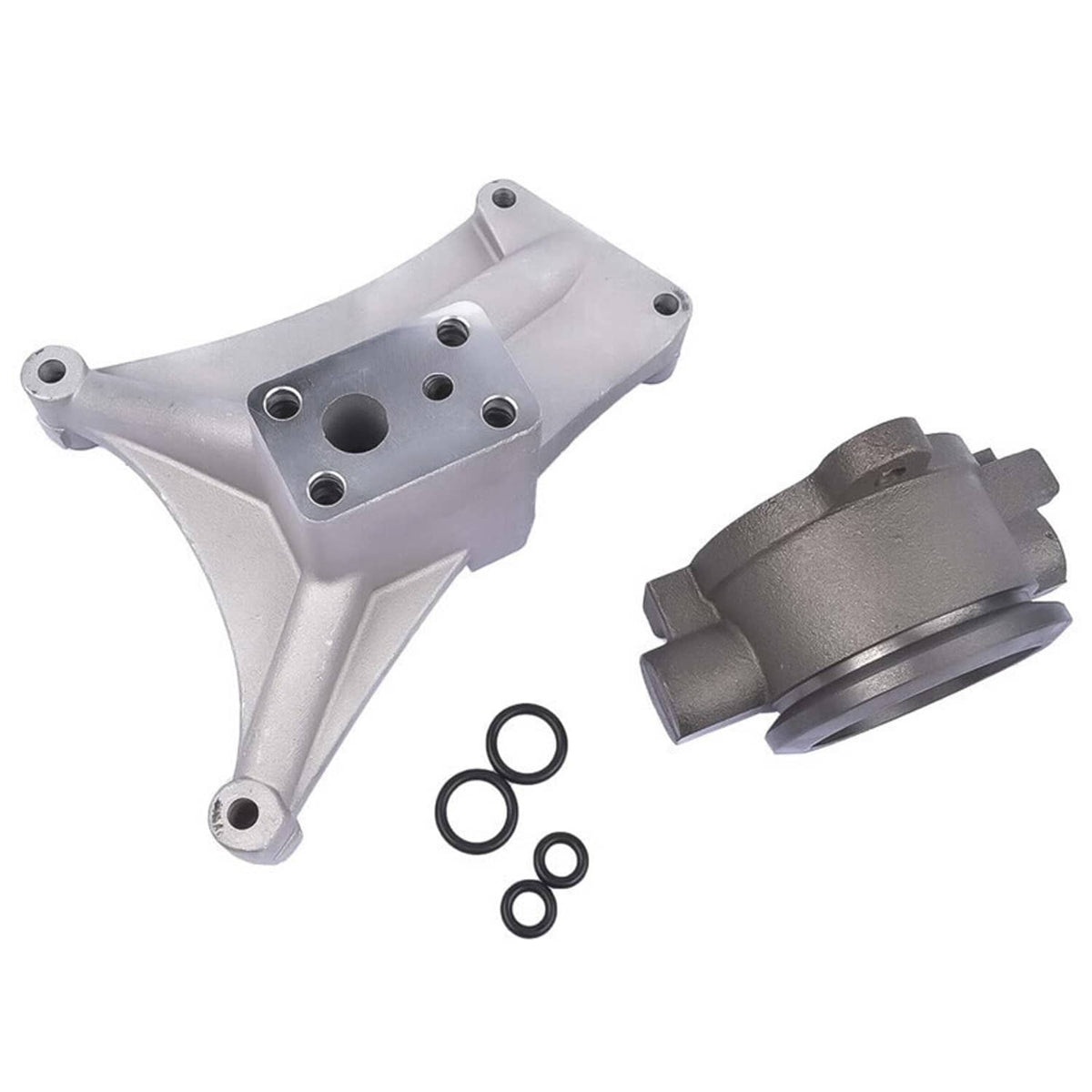 Silver turbo pedestal bracket and dark exhaust housing with four O-rings