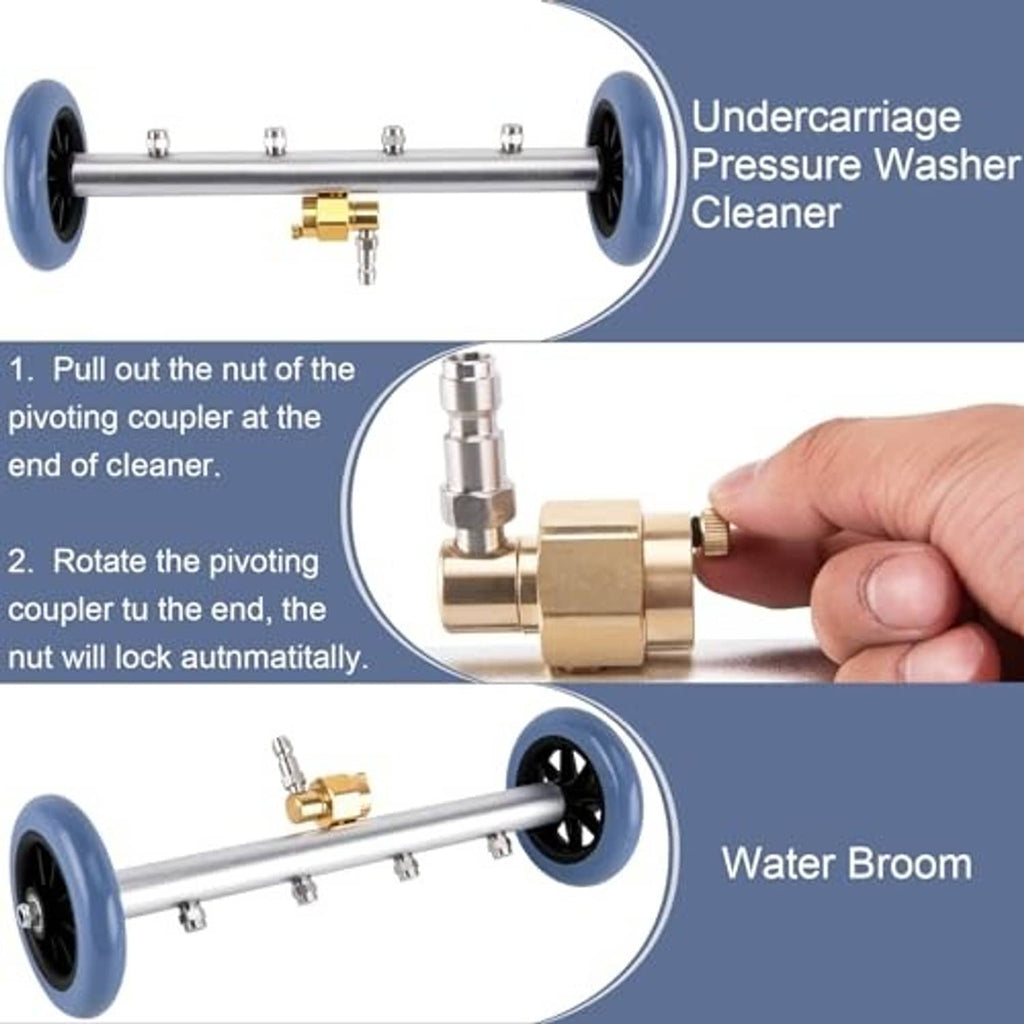 Undercarriage pressure washer cleaner with adjustable brass pivot coupler and blue wheels