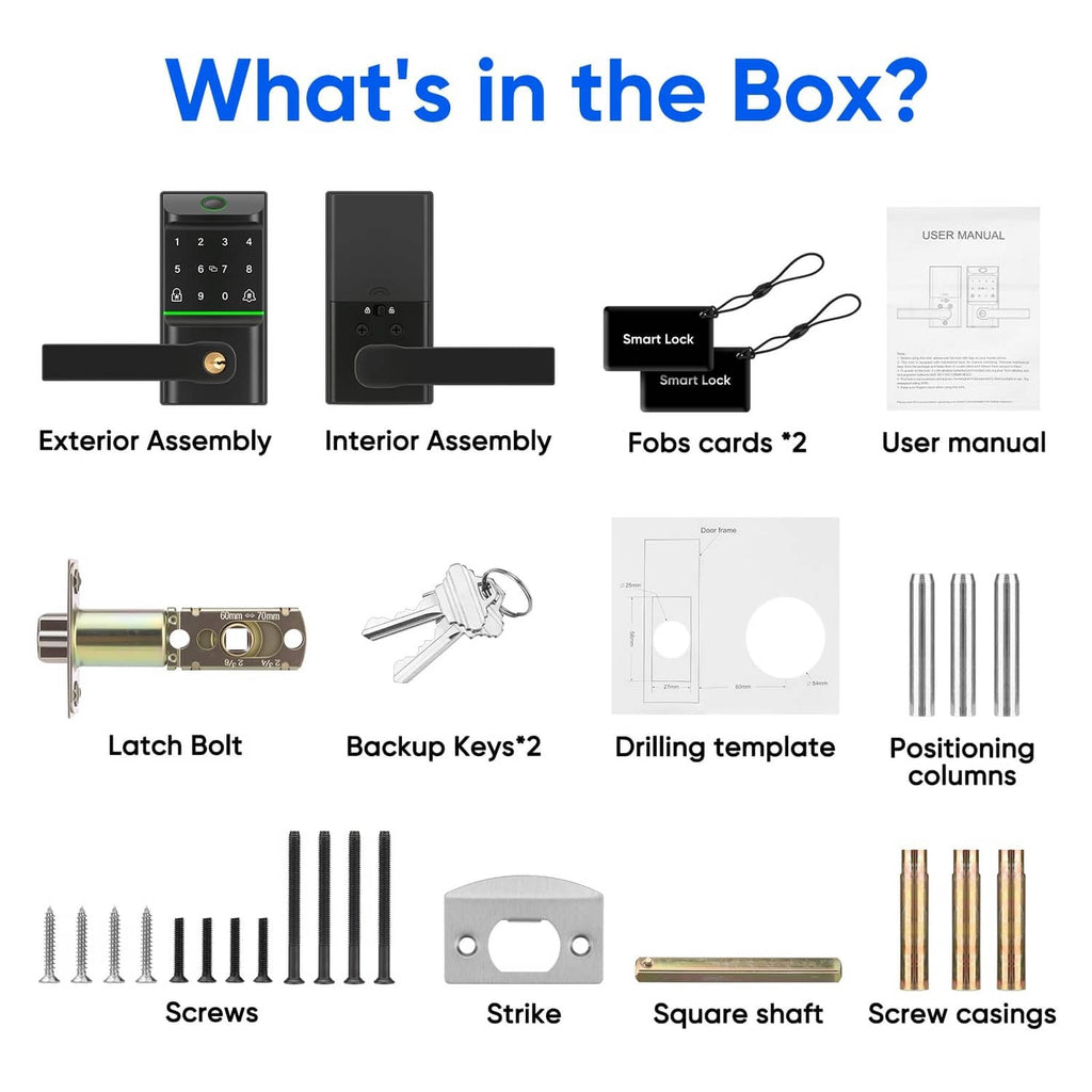 Smart door lock box contents: exterior and interior units, backup keys, latch bolt, manual
