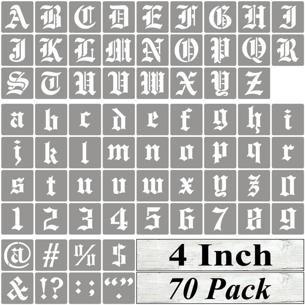 4-inch alphabet letter stencil set, 70-pack grid with uppercase designs