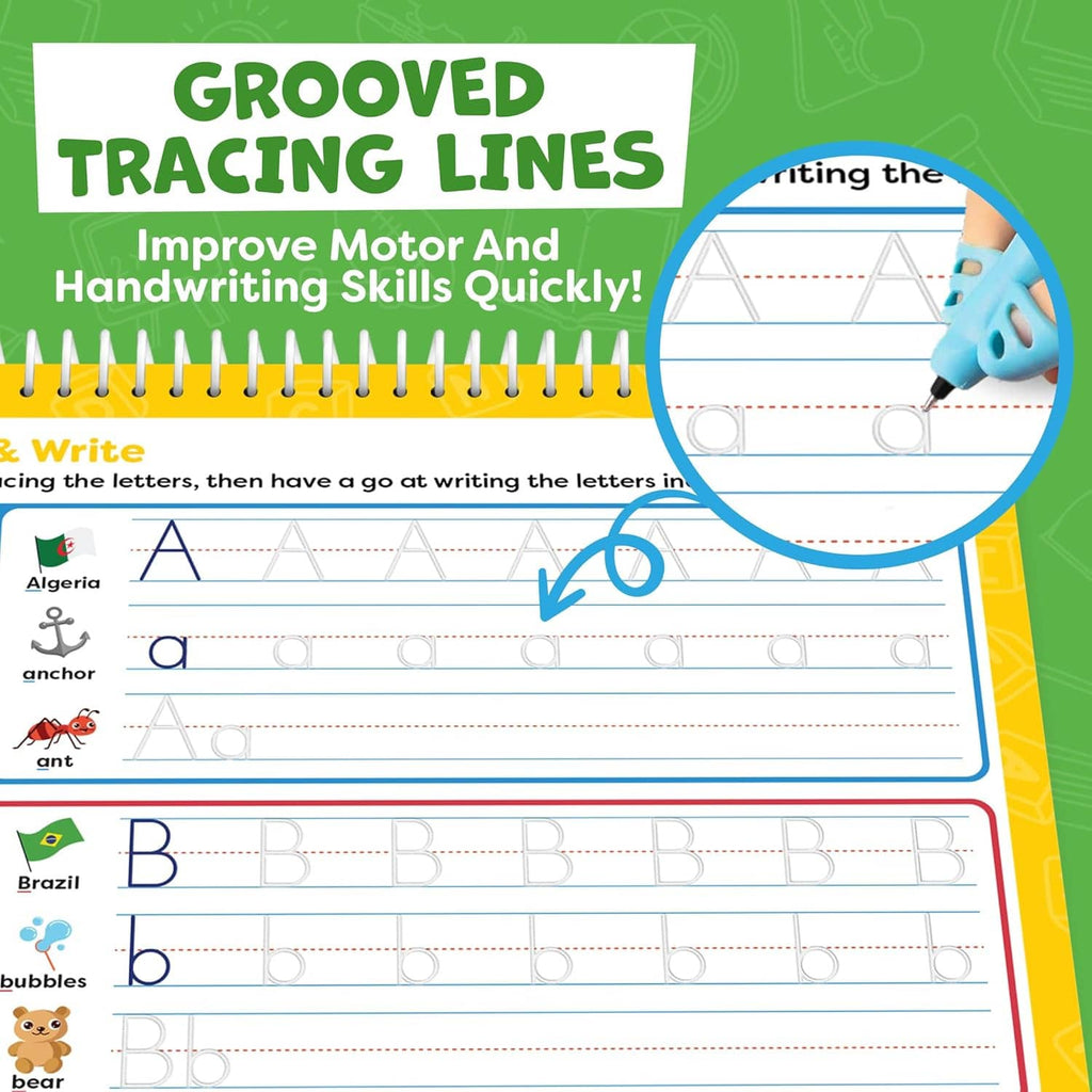 Close-up of grooved tracing handwriting lines practice page with alphabet letters