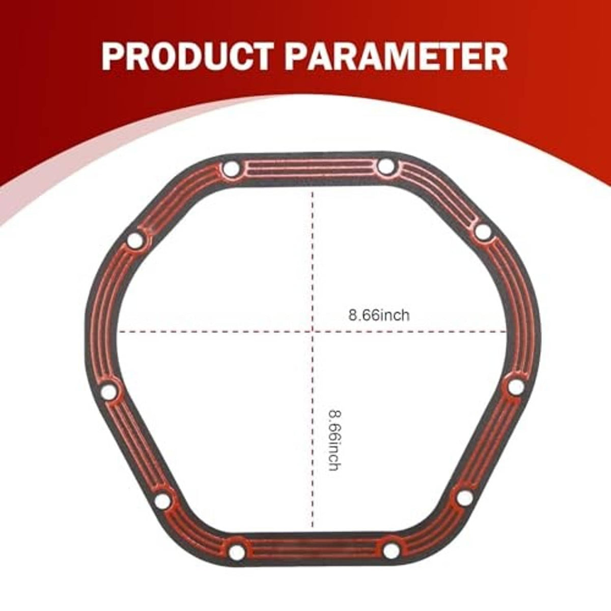 Red oval gasket shown with size diagram and bolt-hole pattern for fit